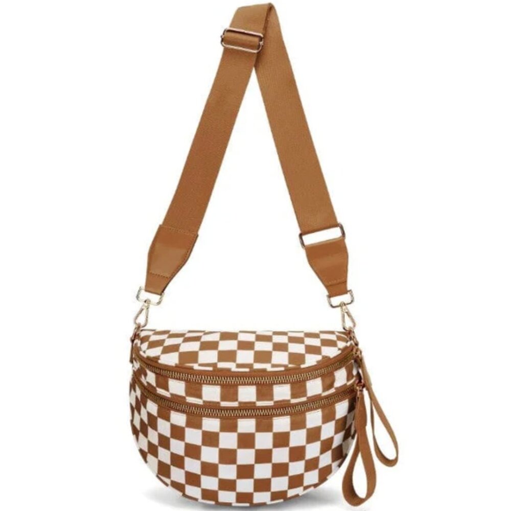 NWT Tan and White Nylon Checker and Solid Color Sling Crossbody Casual Bag